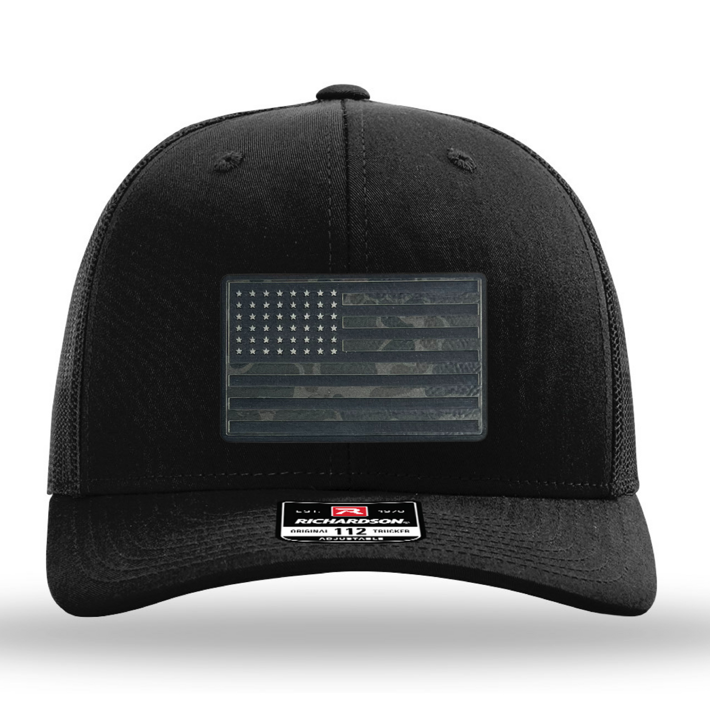 Black cap with American flag patch on a white background, featuring Yankee Southern Laserworks logo.
