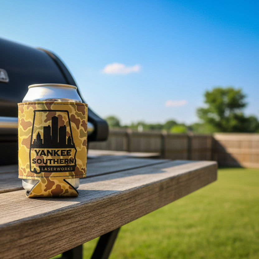 Camouflage can cooler with 'Yankee Southern' branding on a wooden surface