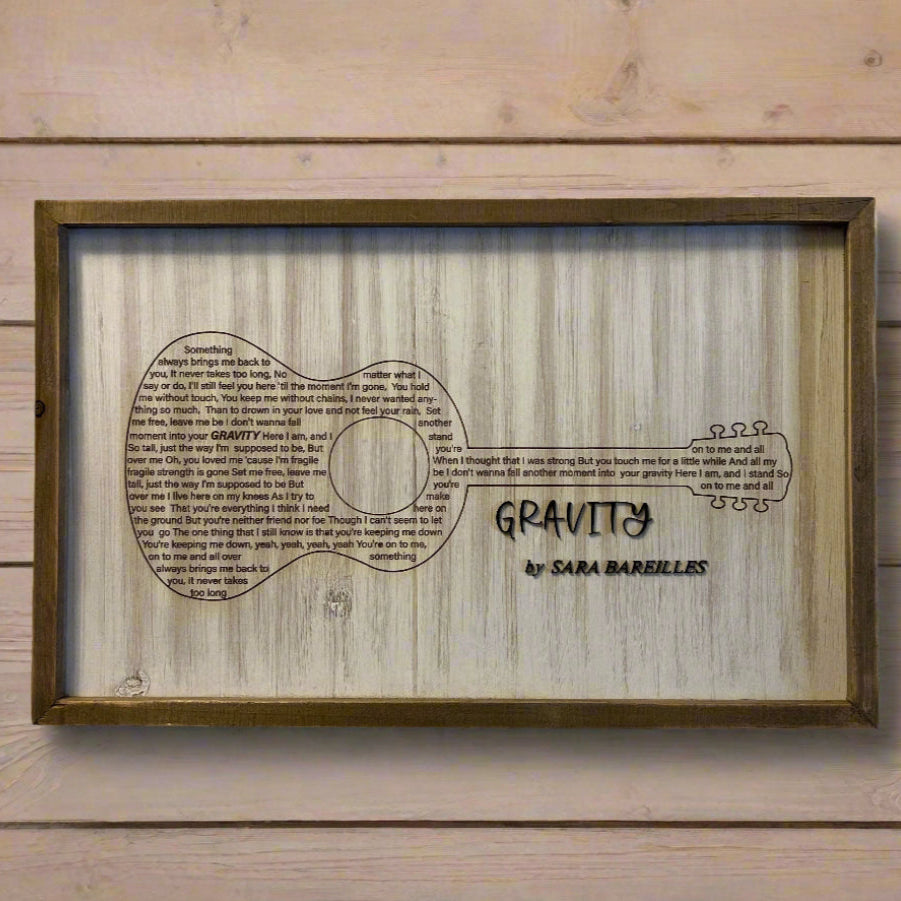 Framed artwork of a guitar with text on a plain wall
