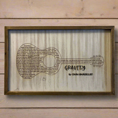 Framed artwork of a guitar with text on a plain wall