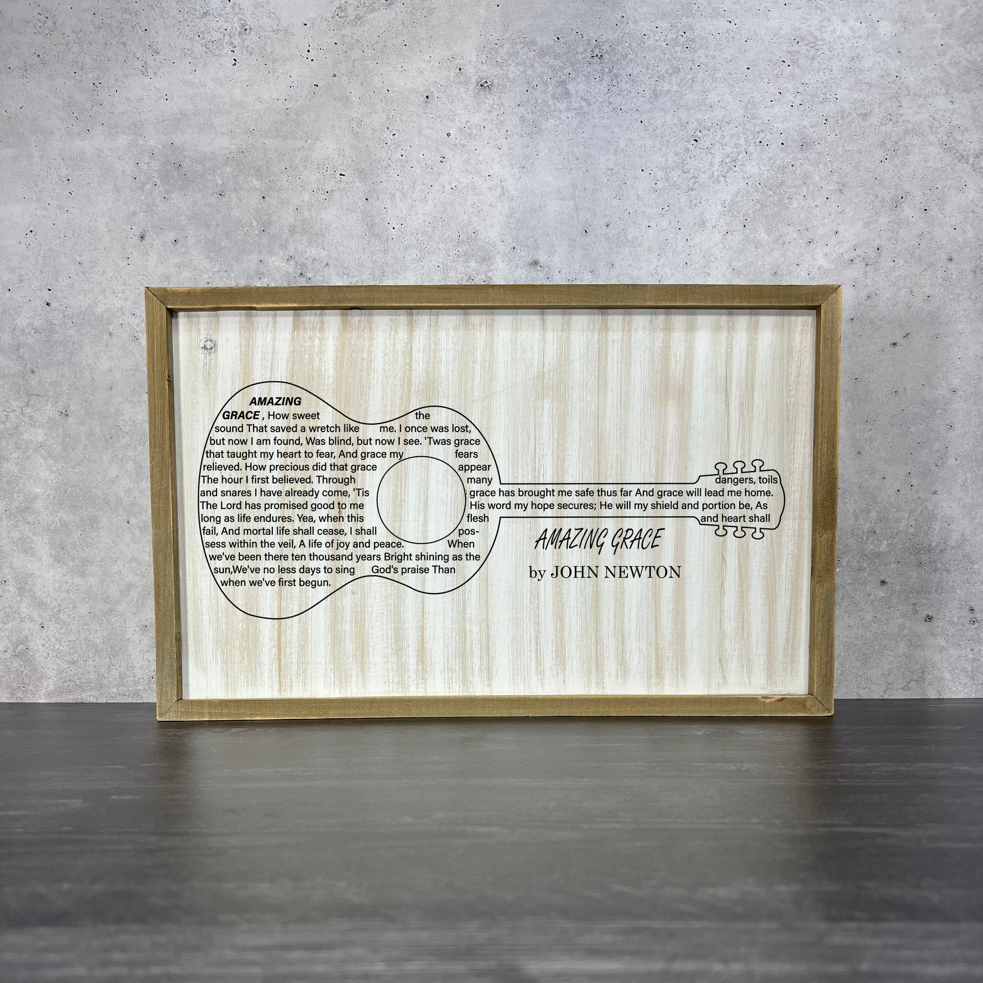 barnwood wall art featuring acoustic guitar and Amazing Grace lyrics