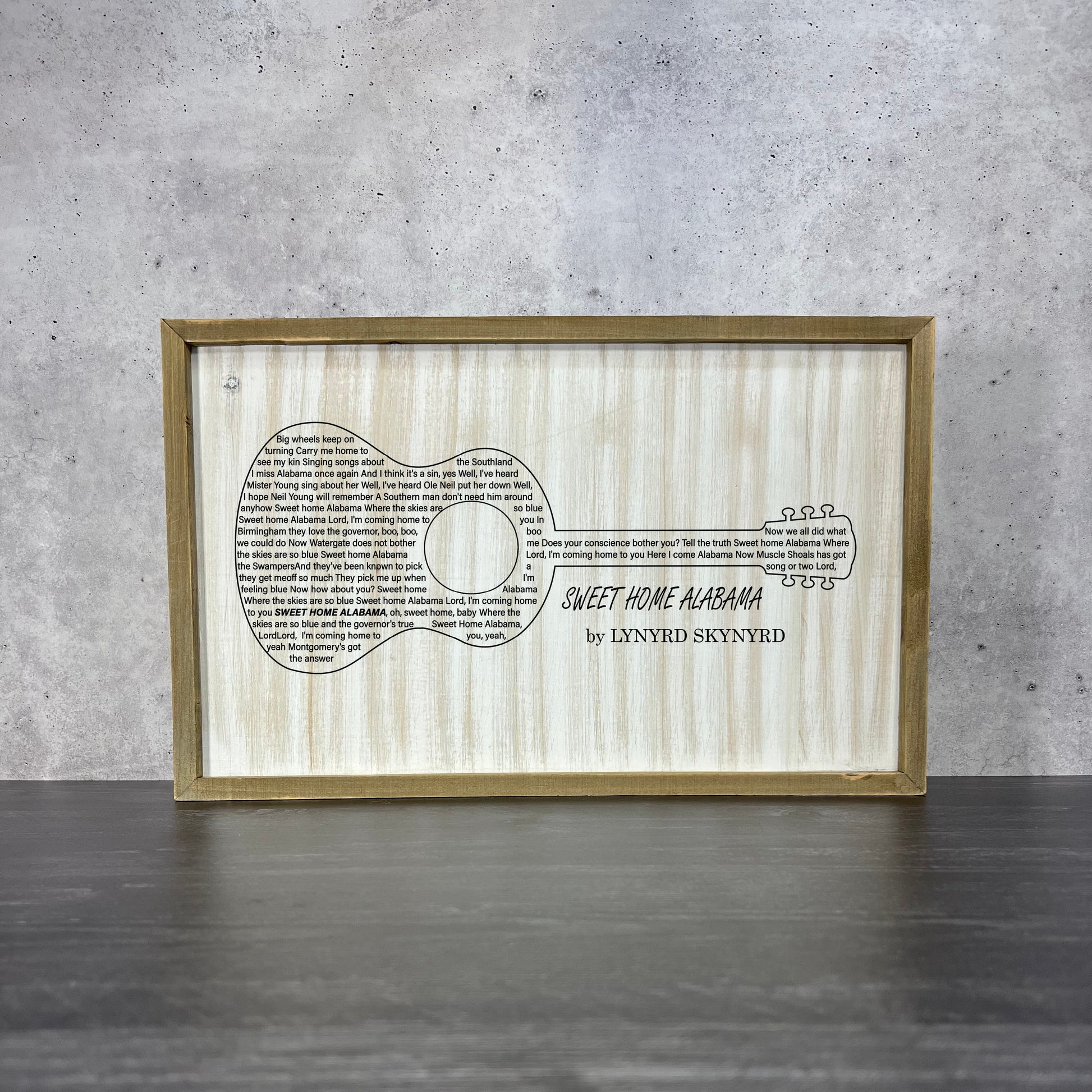 barnwood wall art featuring acoustic guitar and Sweet Home Alabama lyrics