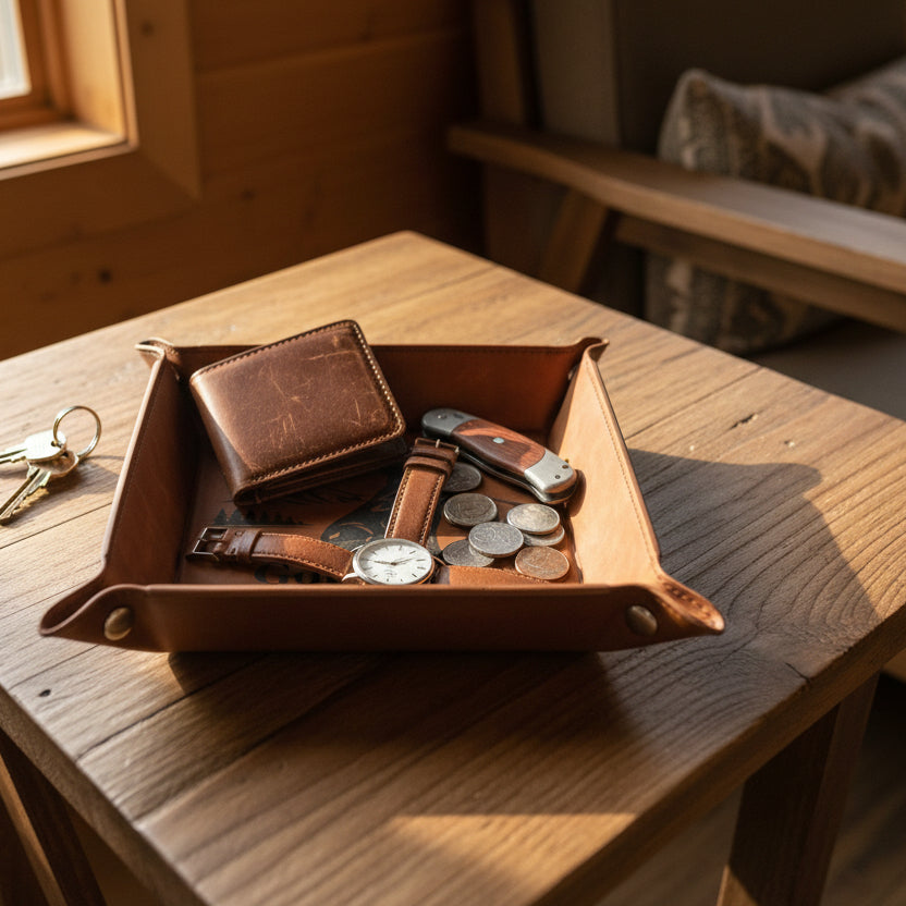 Brown leather tray with 'Good Boy Outfitters' logo on a wooden surface