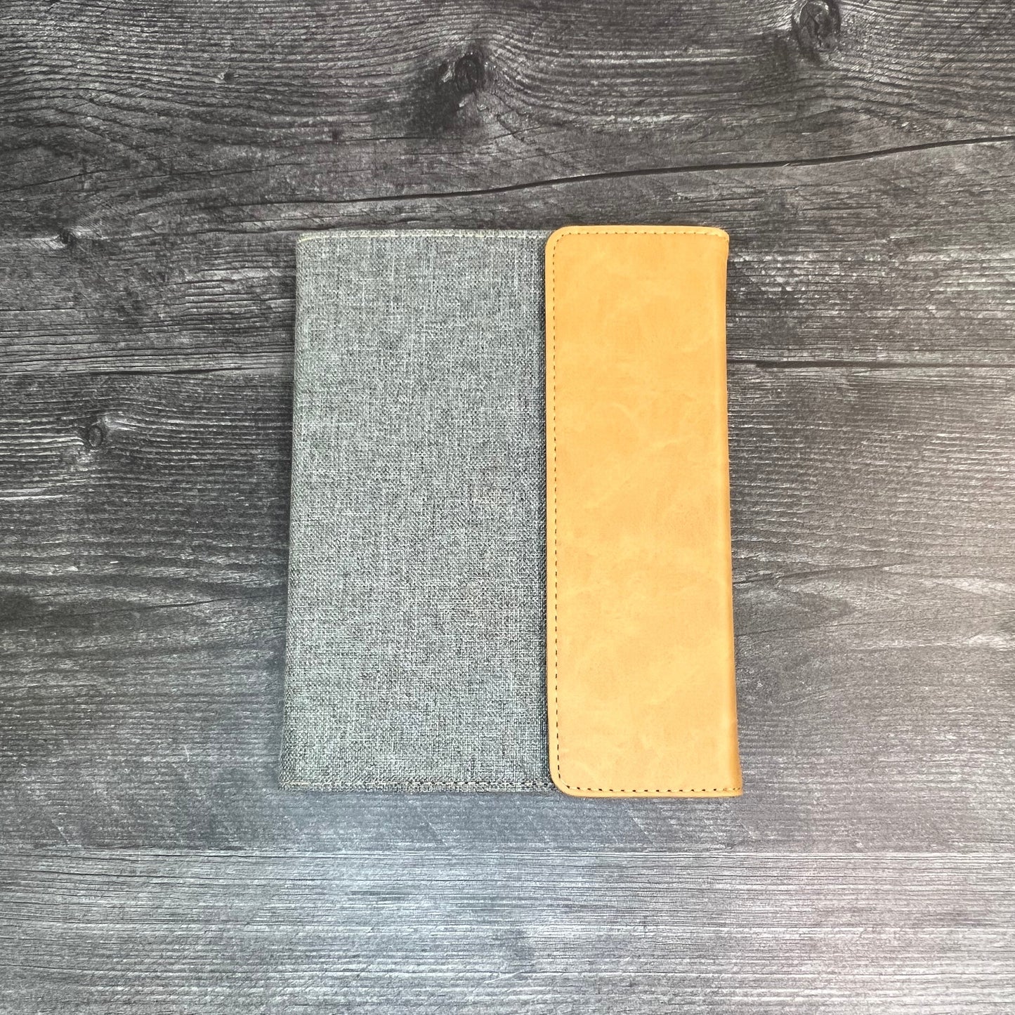 Two-tone pouch with yellow top and gray bottom on a wooden surface