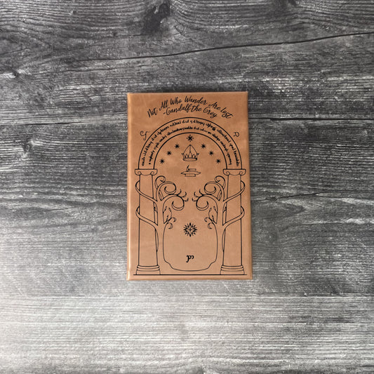 Walnut leatherette journal on a wooden floor with a concrete wall