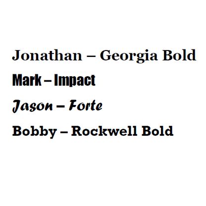 List of font names on a white background