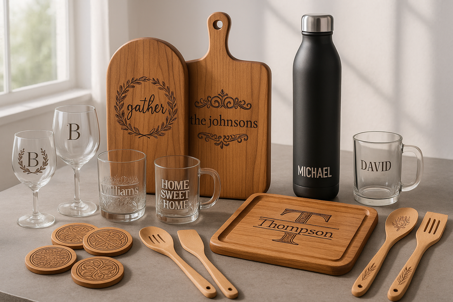 A naturally lit studio with laser engraved gifts on a concrete table. Gifts should be wood, glass, drink and kitchen ware.