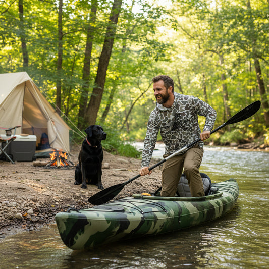 Camouflage-patterned hoodie with a logo on a white background