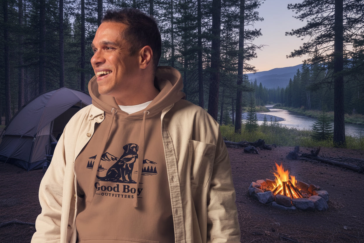 Man wearing a beige hoodie with 'Good Boy Outfitters' logo on a white background